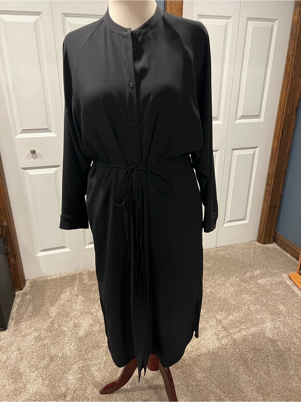 Black Button-Front Tie-Waist Women's Dress